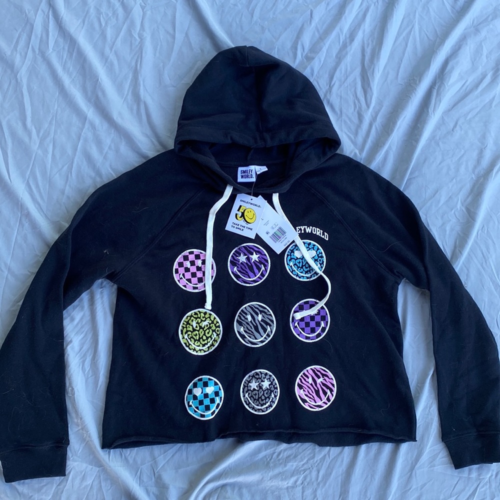 Junior’s Black Cropped Smiley Hoodie | New w/ Tags | Brand: Smiley World | Large